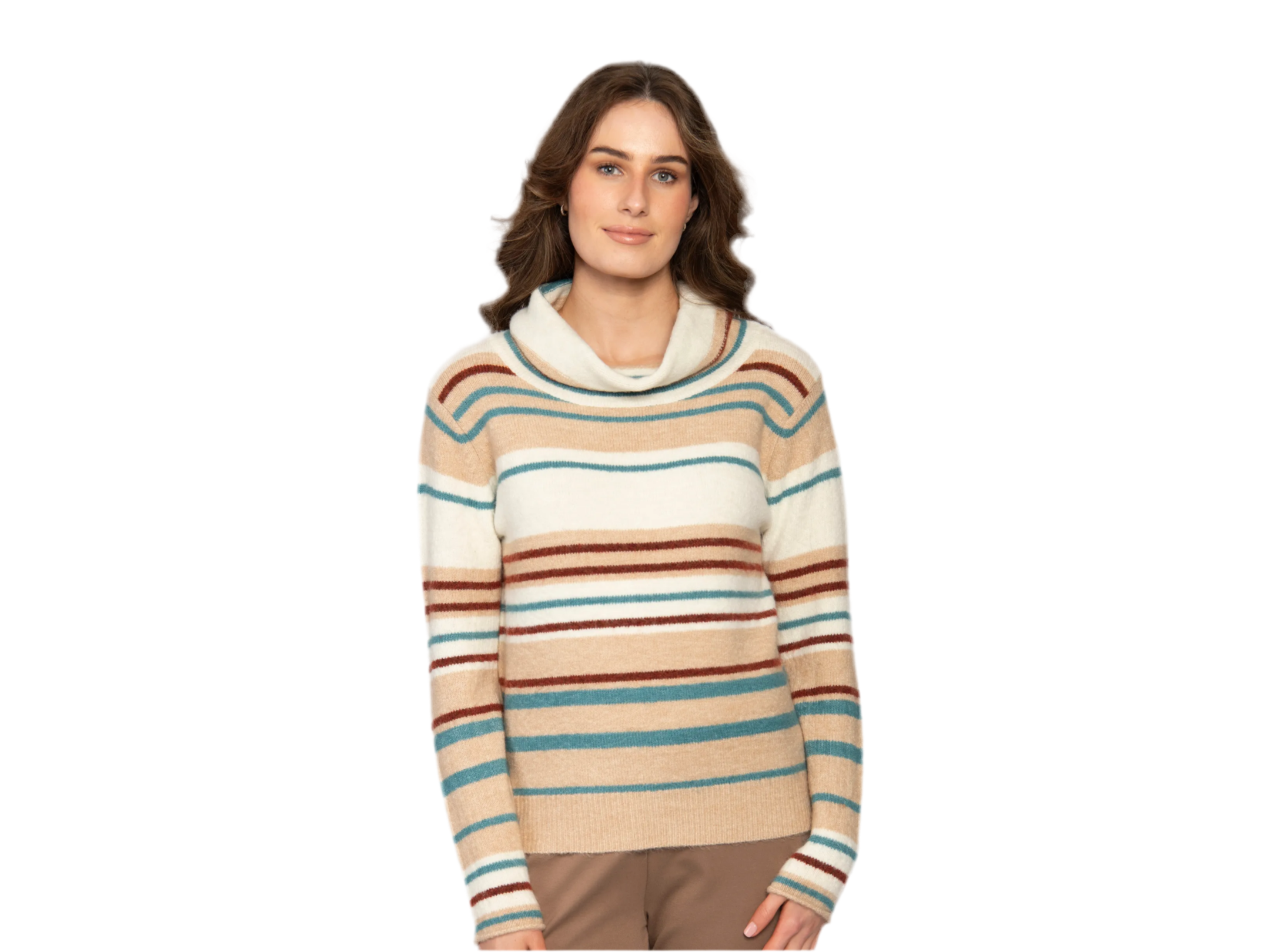 Cowl Neck Sweater in Beige and Teal
