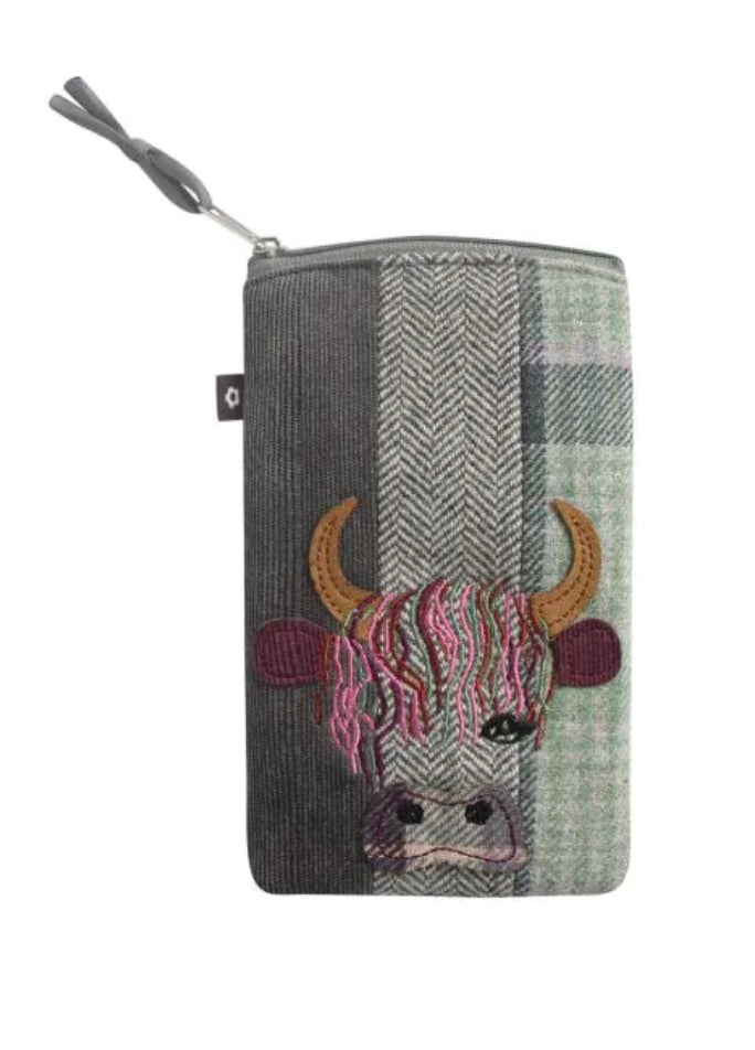 Tweed Applique Eyeglass Case Highland Cow