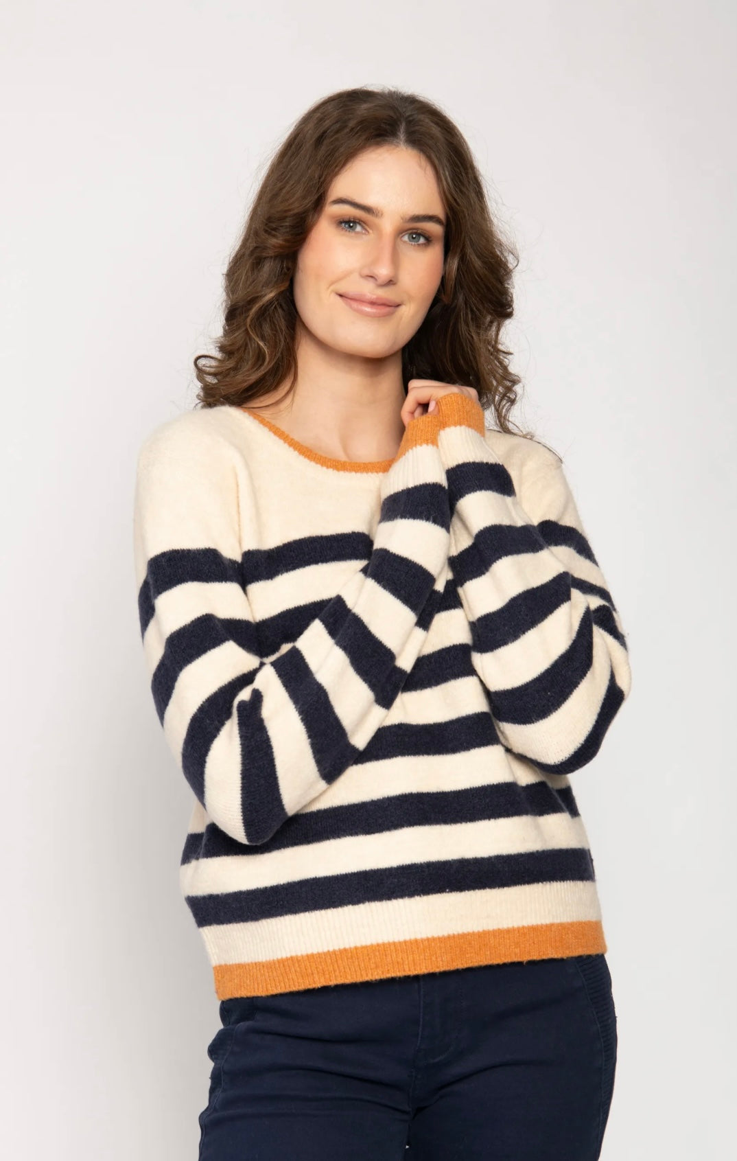 Navy and Beige Striped Sweater with Button Shoulder Detail