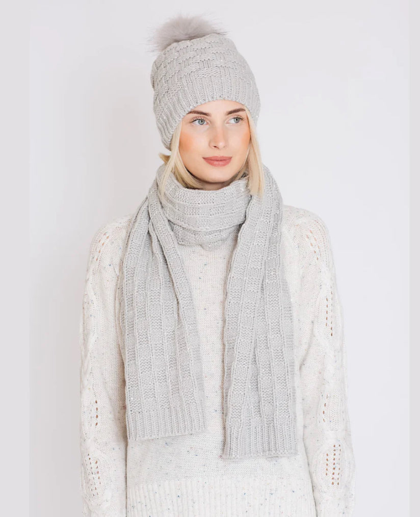 Grey Sequin Fleece Lined Hat and Scarf Set