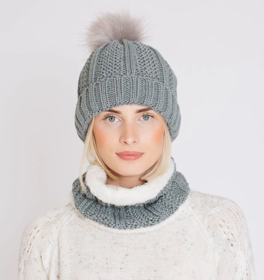 Grey Lurex Cable Fleece Lined Hat and Snood Set
