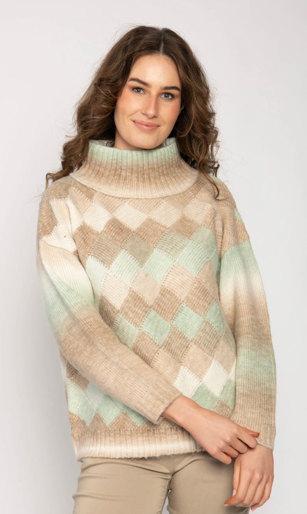 Mint Square Pattern Turtle Neck Sweater