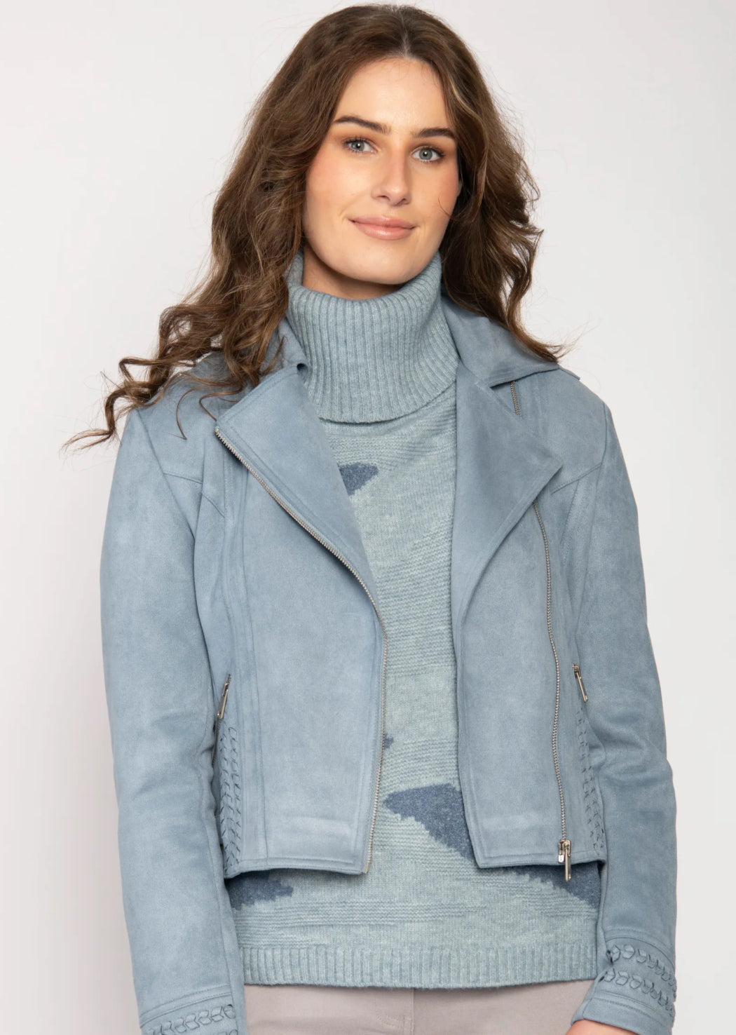 Short Faux Suede Sky Blue Biker Jacket