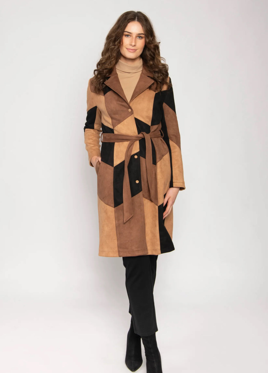 Long Faux Suede Patchwork Coat 28126-055