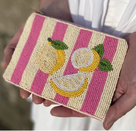 Earth Squared - Lemon Pink Stripe Beaded Purse