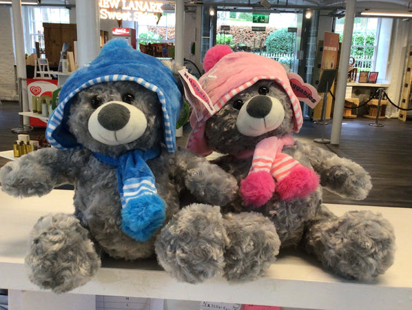 11″ GREY WINTER HAT & SCARF BEAR (PINK & BLUE HATS) - New Lanark Mill Shop