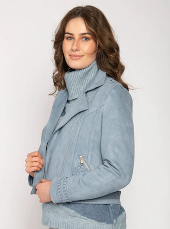 Short Faux Suede Sky Blue Biker Jacket