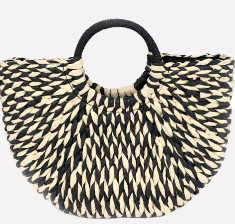 Checked Half Moon Rattan Bag Black/White
